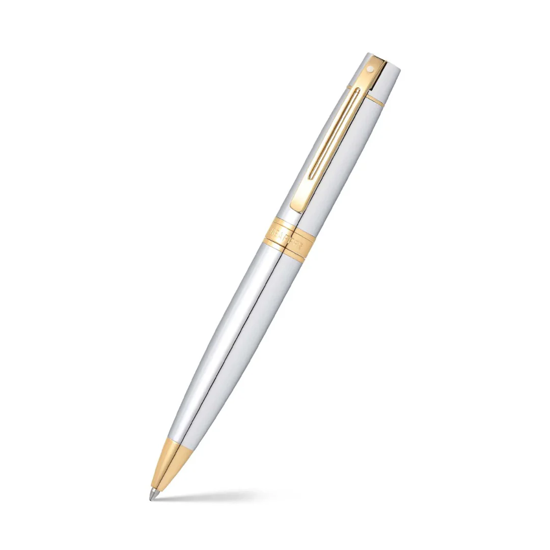 Sheaffer Gift Set ft. Bright Chrome 300 Ballpoint Pen with Gold Trims and Table Clock - Image 3