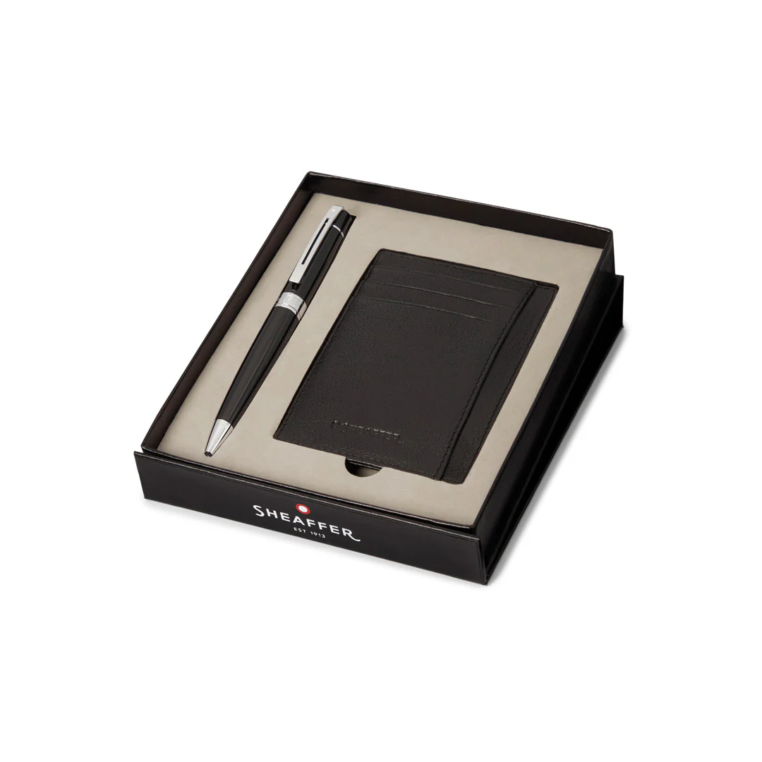 Sheaffer Gift Set ft. Glossy Black 300 Ballpoint Pen with Chrome Trims and Credit Card Holder - Image 4